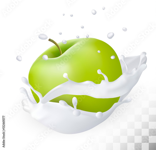 Green apple in a milk splash on a transparent background. Vector