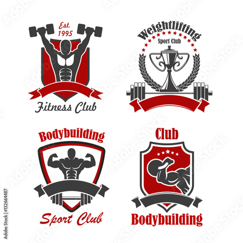 Bodybuilding and weightlifting sport club sign set