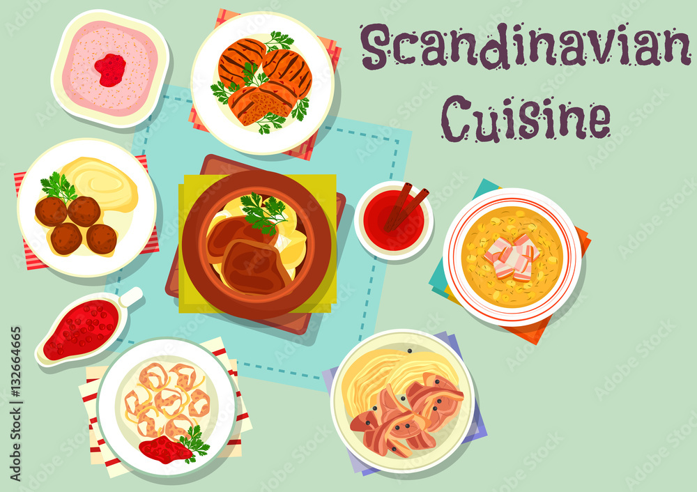 Scandinavian cuisine dish with berry dessert icon Scandinavian cuisine dish with berry dessert icon