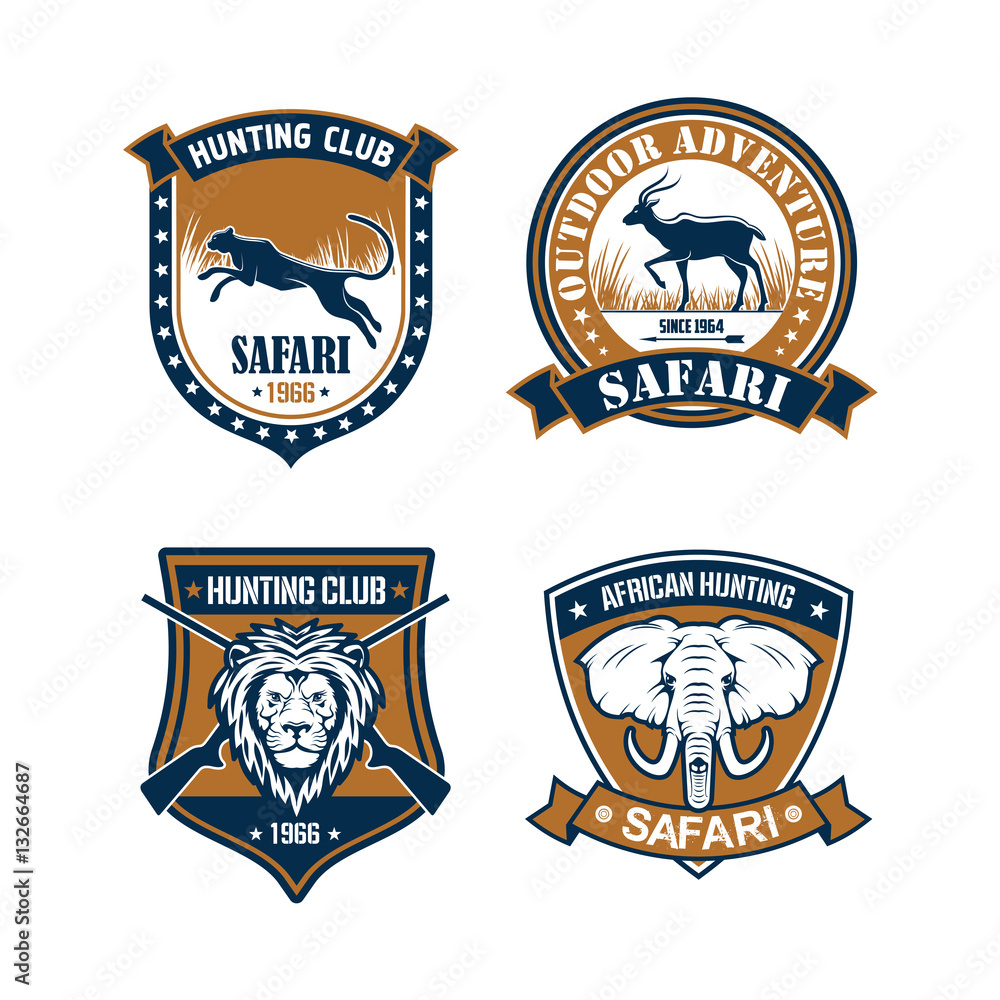 Fototapeta premium Hunting club and safari trip heraldic badge set