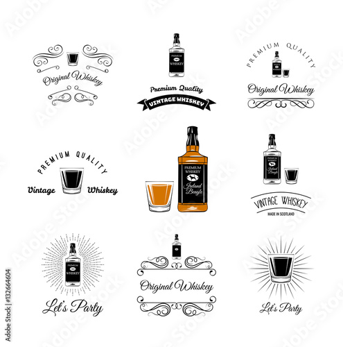 Bottle and Glasses Alcohol Elements. Tequila, Champagne, Whisky, Wine, Brandy, Beer Rum Vector Illustration Isolated On White