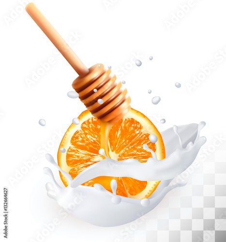 Orange and honey in a milk splash on a transparent background. V