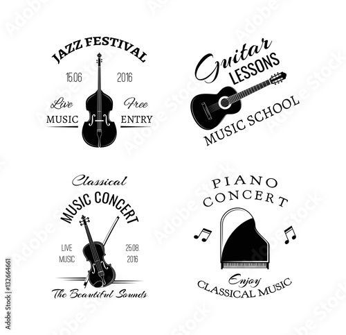 Music vintage retro label and badge. Guitar, Piano. Jazz festival. Double bass. Vector