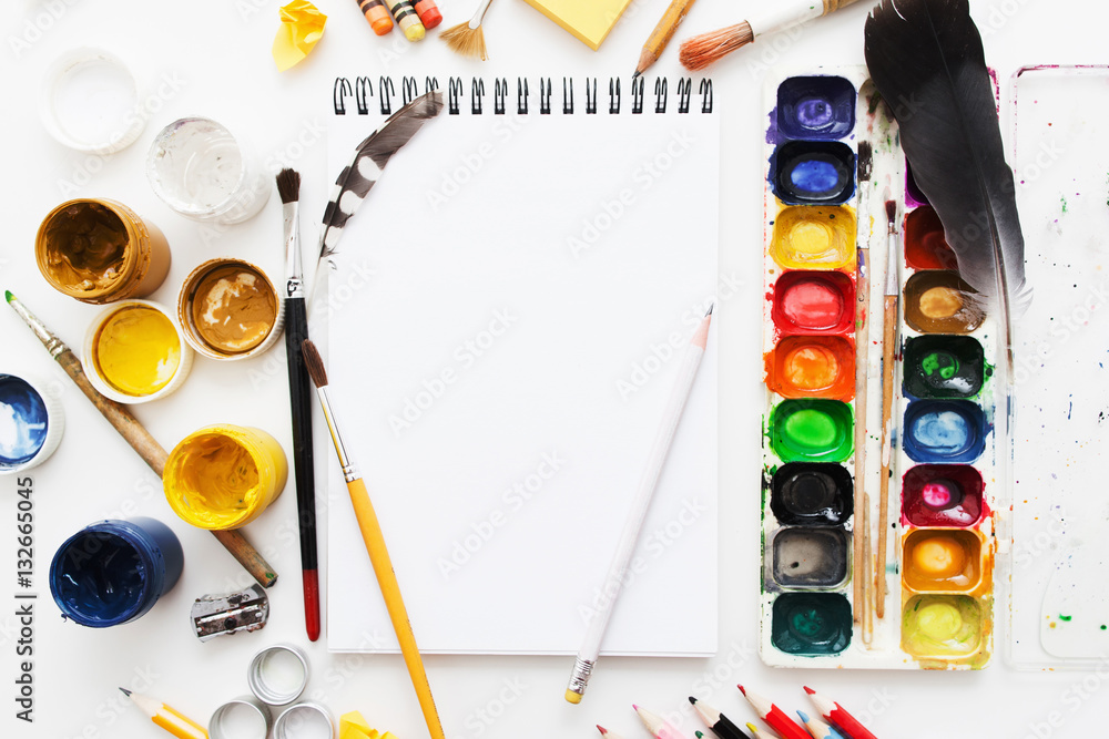 art palette with paint and brushes, close up. Top view with empty space.  workplace for creativity. home teaching concept drawing. 8526923 Stock  Photo at Vecteezy