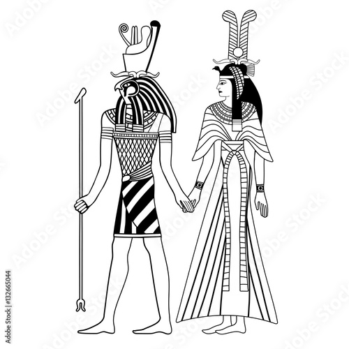 Vector illustration of Egyptian national drawing. Goddess Isis and Queen Nefertari.