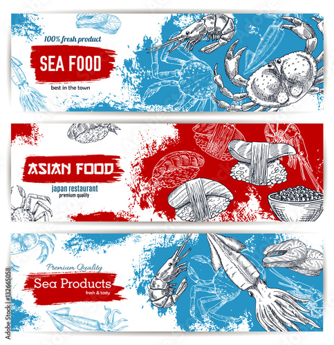 Seafood and japanese cuisine restaurant banner set
