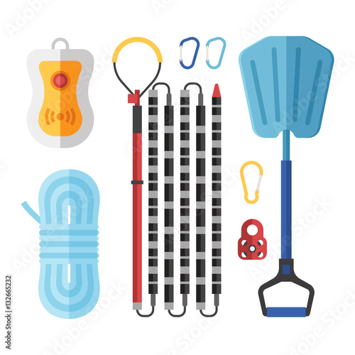 Avalanch rescue kit with probe, snow shovel, rope, beeper and carabiners.  Alpinism protective equipment vector set.