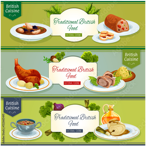 British cuisine national dishes banner set design