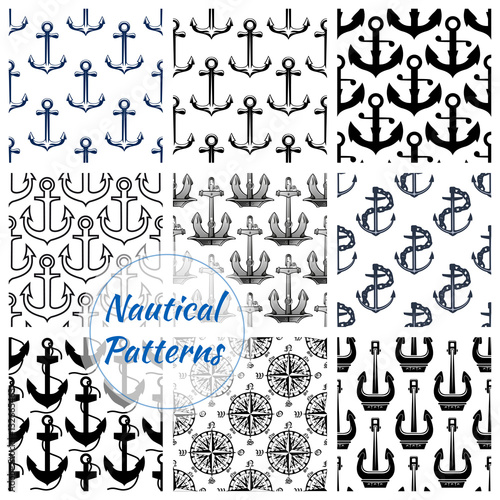 Anchor and compasses nautical seamless pattern set