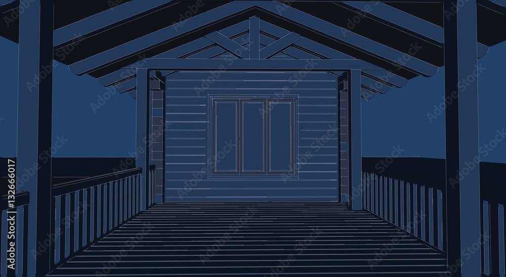 Wooden log house sketch perspective with terrace and fence colored in blue Wooden log house sketch perspective with terrace and fence colored in blue