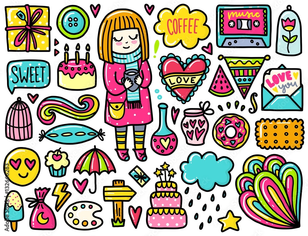 Doodles cute color elements. Doodles cute color elements.