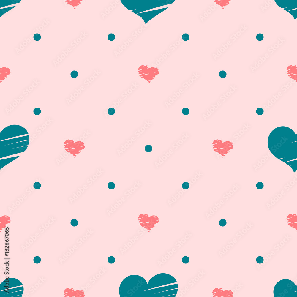 Seamless pattern with big blue hearts and small pink hearts on dotted blue background.
