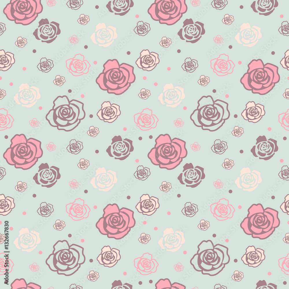 Gentle seamless pattern with big and small roses of different colors. Light blue-grey, pink and beige on light blue background.
Gentle seamless pattern with big and small roses of different colors. Light blue-grey, pink and beige on light blue background.