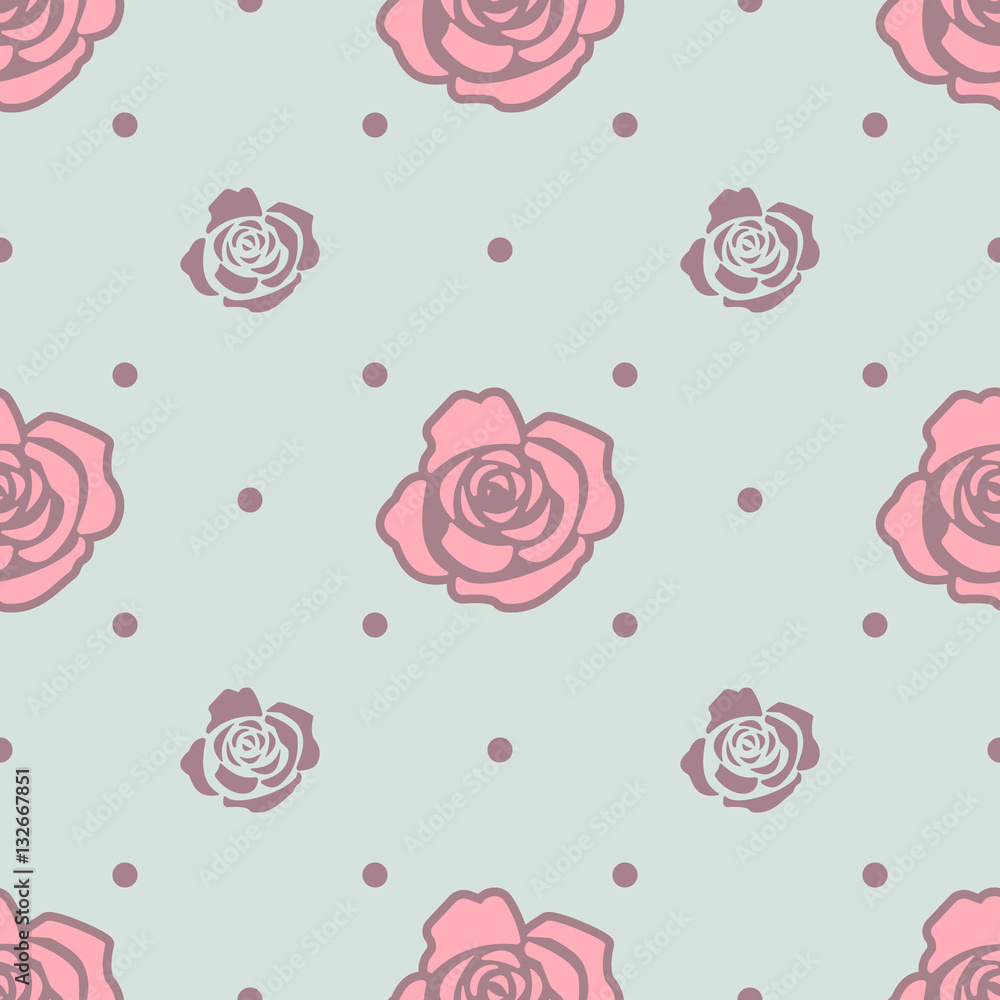 Seamless pattern with pink and blue roses on light blue background.
Seamless pattern with pink and blue roses on light blue background.