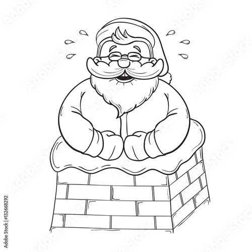 Funny cartoon Santa Claus stuck in the chimney and laughs. Black and white outline on a white background for coloring. Vector illustration.