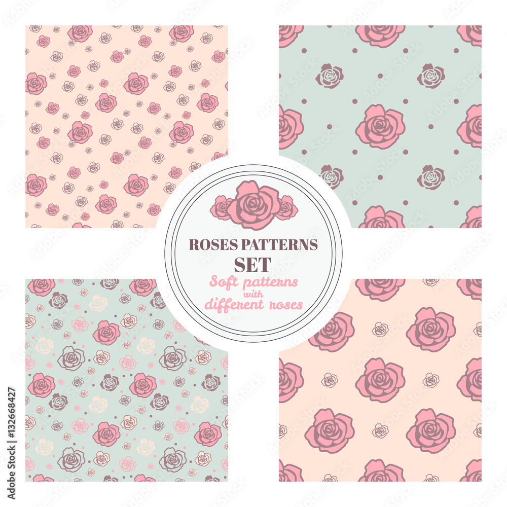 Fototapeta Set of seamless patterns with roses on different backgrounds - pink, beige and blue. Placed randomly and in geometric order.