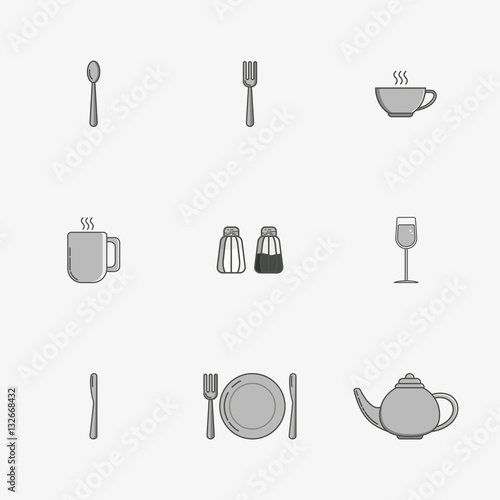 Set of simple icons for utensiles spoon, knife, fork, plate, cup, mug, teapot, salt cellar, pepper pot, wine glass on grey background.

