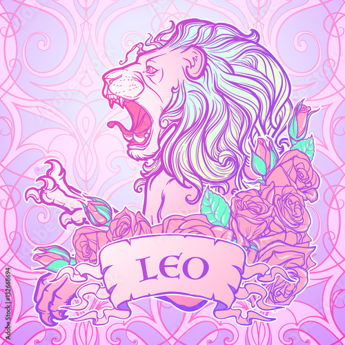 Zodiac sign of Leo with a decorative frame of roses. Astrology concept art. Tattoo design. Sketch in pastel pallette isolated on white background. EPS10 vector illustration.