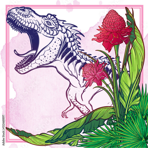 Detailed sketch style drawing of the roaring tirannosaurus rex on a decoratve bunch of tropical leaves and flowers. Painted sketch. EPS10 vector illustration.