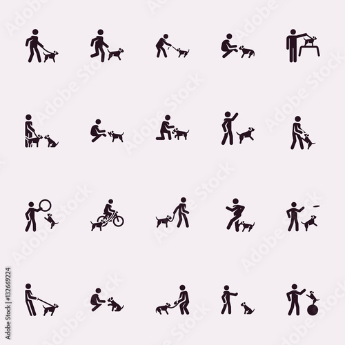 Stick figures. Man with dog
