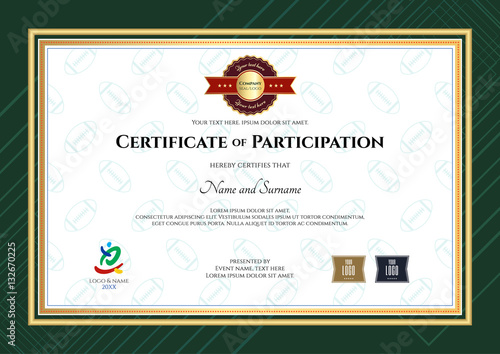 Certificate of participation template in sport theme with rugby background and modern border