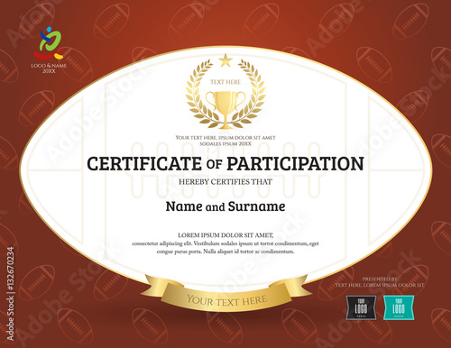 Certificate of participation template in sport theme with rugby shape and brown background