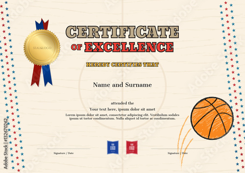 Certificate of excellence template in sport theme for basketball event with court background