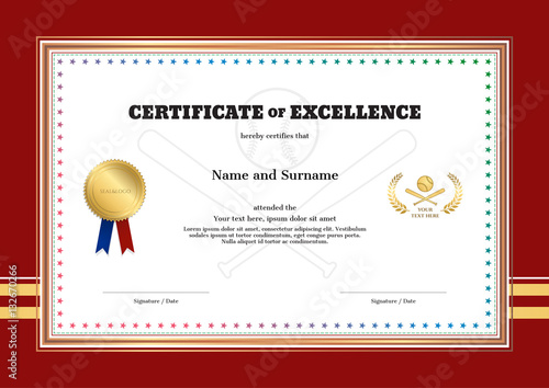 Certificate of excellence template in sport theme for baseball event with baseball shirt style background