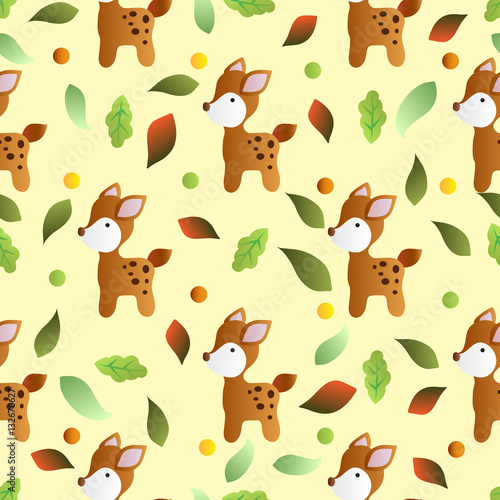 seamless pattern with toy baby deer and green leaves on a light yellow background