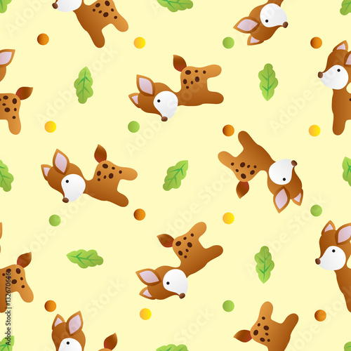 seamless pattern with toy baby deer and green leaves on a light yellow background