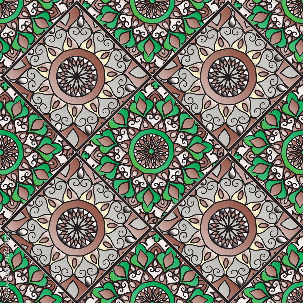 Colorful floral seamless pattern from different rhombus with mandala in patchwork boho chic style, in portuguese and moroccan motif