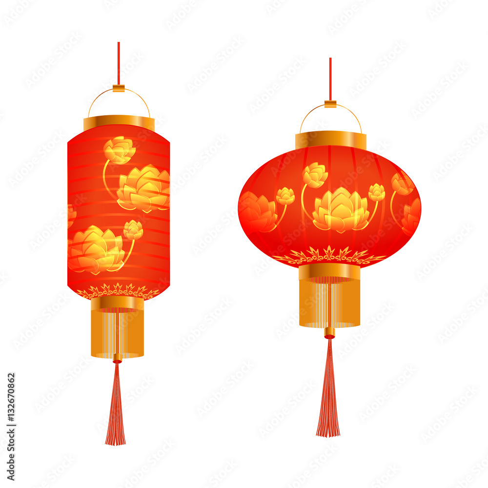 A set of orange Chinese lanterns. With lotus pattern. Round and cylindrical shape. Isolated on white background. illustration A set of orange Chinese lanterns. With lotus pattern. Round and cylindrical shape. Isolated on white background. illustration