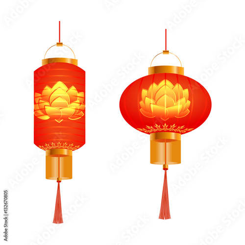 A set of orange Chinese Lanterns. Lotus pattern. Round and cylindrical shape. Isolated on white background. illustration