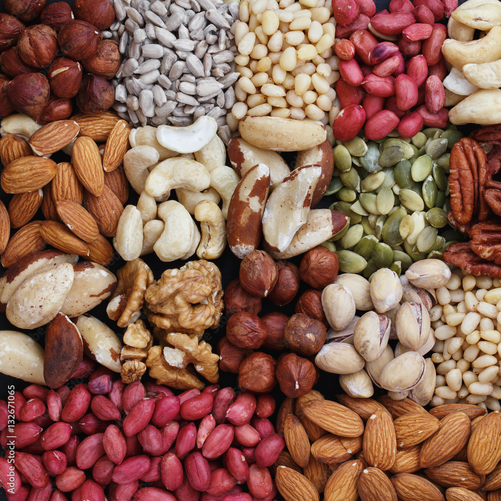 Top view of the background nuts, close-up Top view of the background nuts, close-up