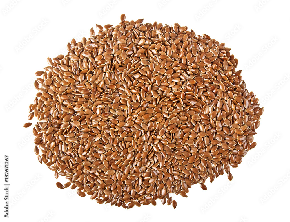Close up of flax seeds isolated on white background, top view
