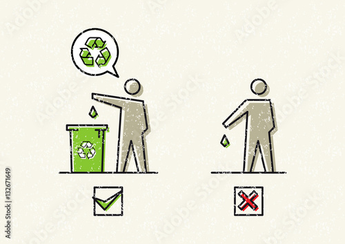 Man drops garbage vector illustration. Silhouettes of a man, who throws garbage in a bin and on the ground graphic design. No littering signs creative concept.
