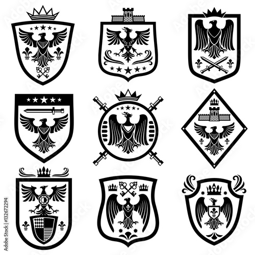 Medieval eagle heraldry coat of arms, emblems, badges