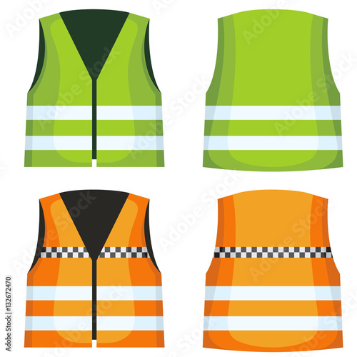 Safety road vest, waistcoat with reflective stripes vector set