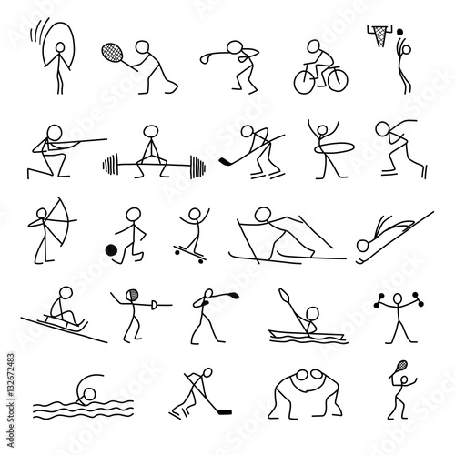 Cartoon icons sport set of stick figures sketch little people