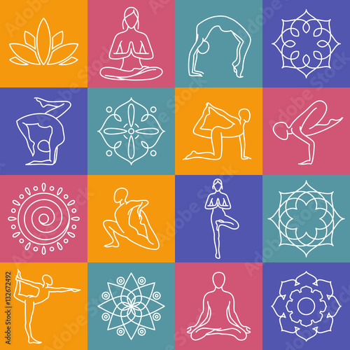 Yoga, body poses vector symbols for pilates studio, meditation class