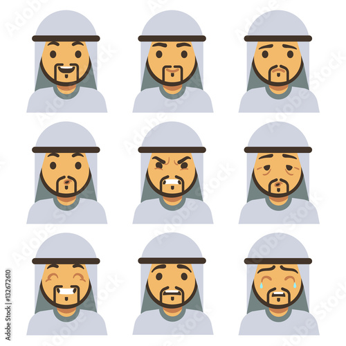 Traditional arab man emotion faces including smiling, sad, winking, laughing, happy face vector set