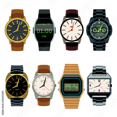 Man wrist watch flat vector set