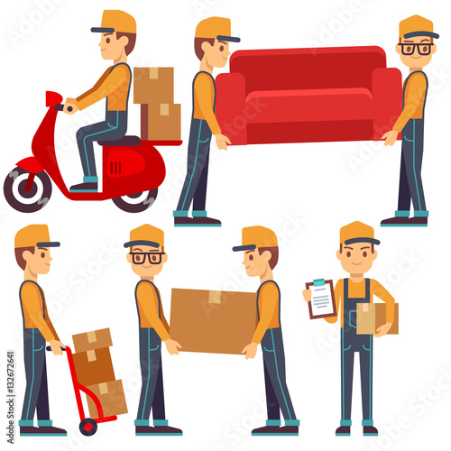 Man carrying boxes, delivery service people vector set