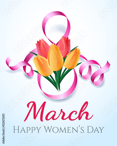 Woman international eight march day card design with flowers. Vector illustration