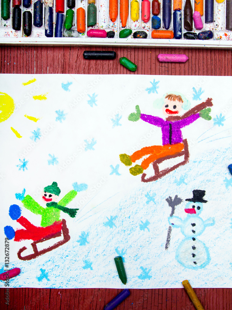 Fototapeta premium Colorful drawing: children sledding down the hill, winter fun