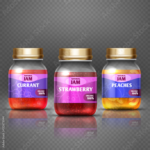 Closeup glass jar with jam, marmalade  label and badge design vector illustration