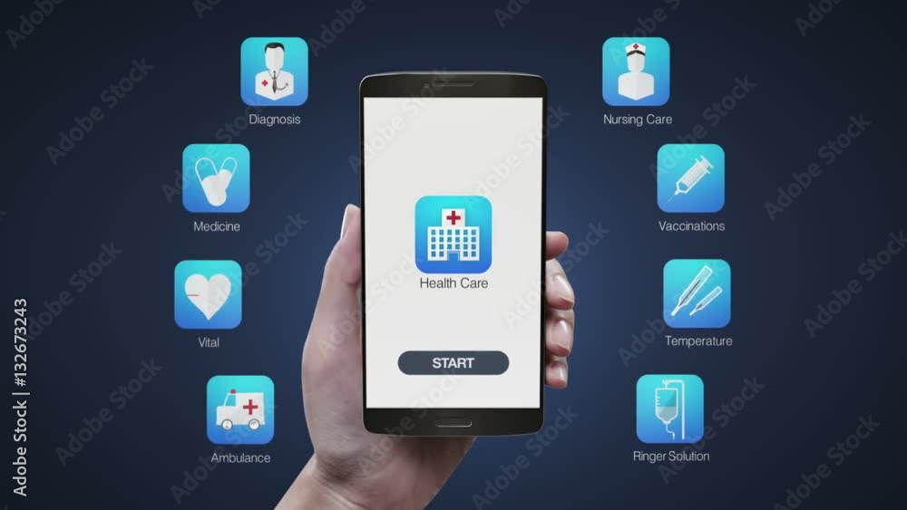 Touching Health care application on mobile screen, using Diagnosis, Medicine, ambulance, Nursing care, Vaccinations. Touching Health care application on mobile screen, using Diagnosis, Medicine, ambulance, Nursing care, Vaccinations.