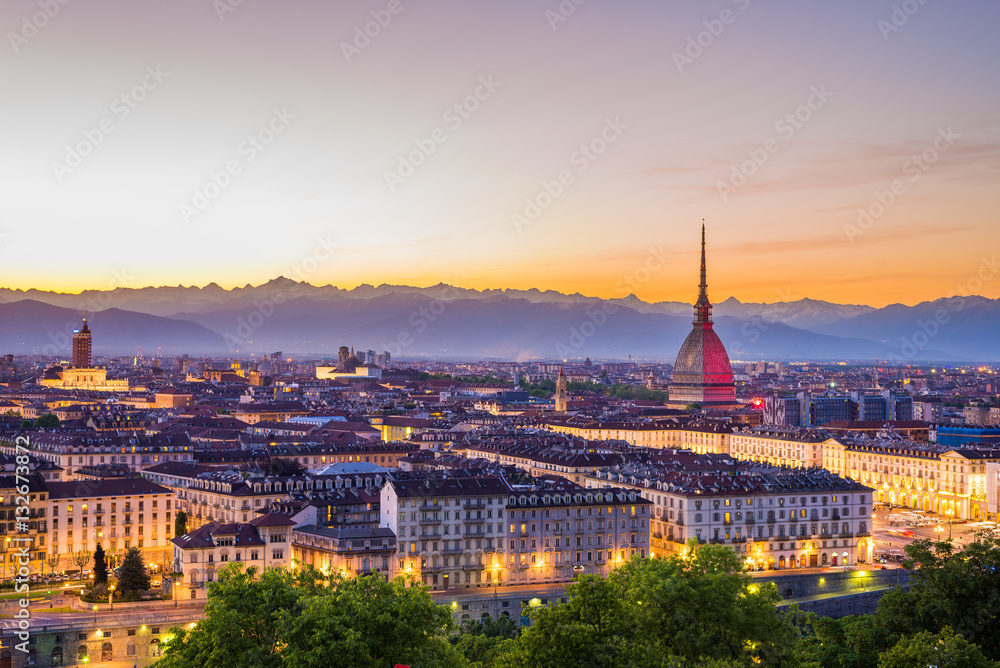 Cityscape of Torino (Turin, Italy) at dusk with colorful sky