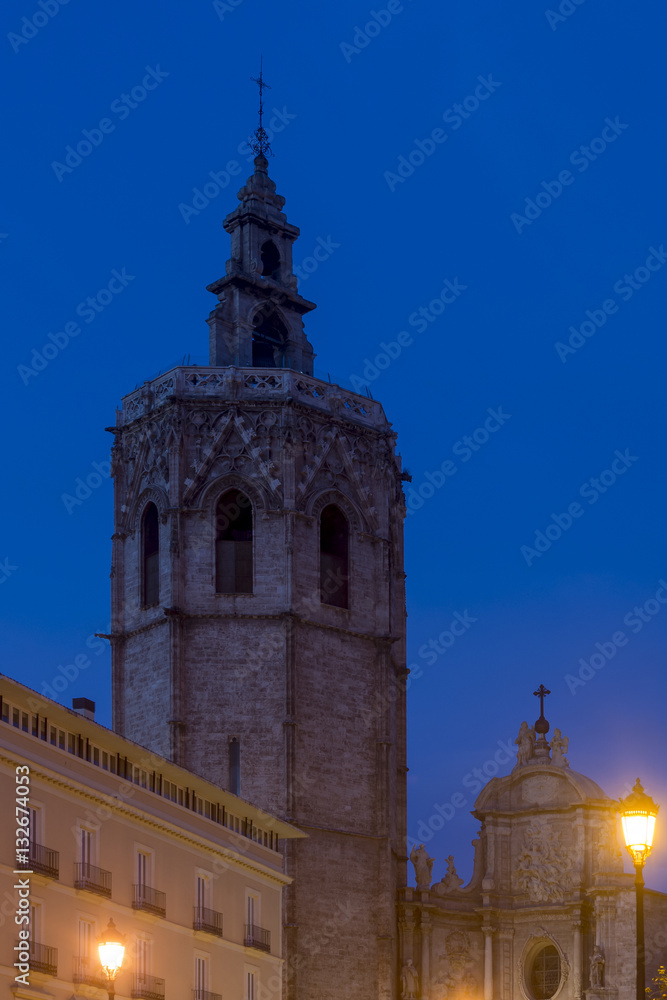The famous El Miguelete bell tower, Valencia, Spain in the blue hour light