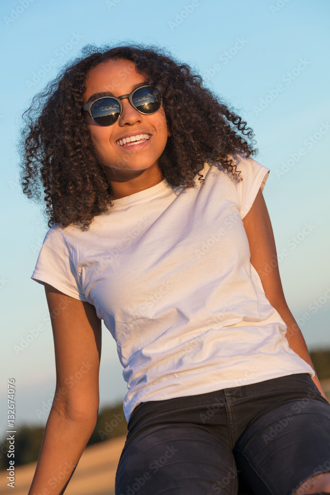 Mixed Race African American Girl Teen Sunglasses Perfect Teeth Stock Photo